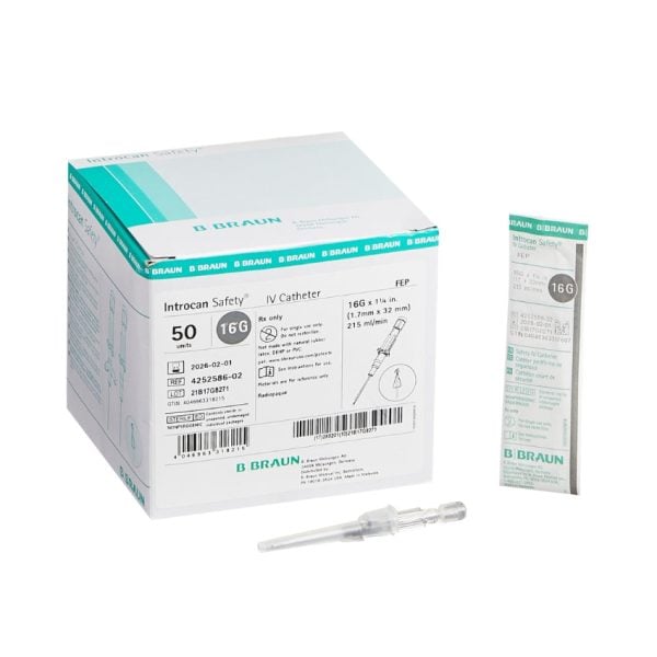 Introcan Safety® IV Catheter 16 Ga. x 1.25 in., FEP, Straight