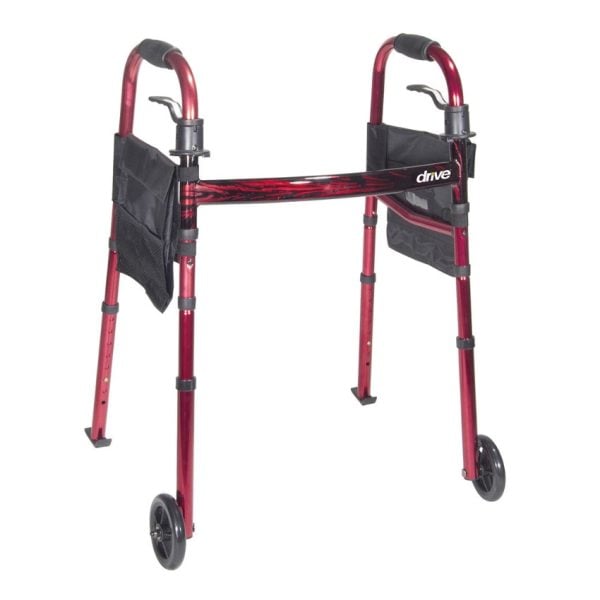 Deluxe Folding Travel Walker with 5" Wheels, Red