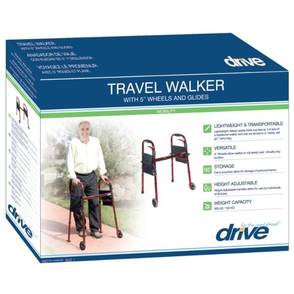 Deluxe Folding Travel Walker with 5" Wheels, Red - Image 4