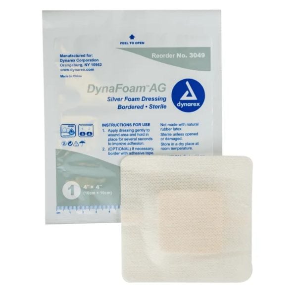 DynaFoam AG Bordered Silver Foam Dressing, 4" x 4"