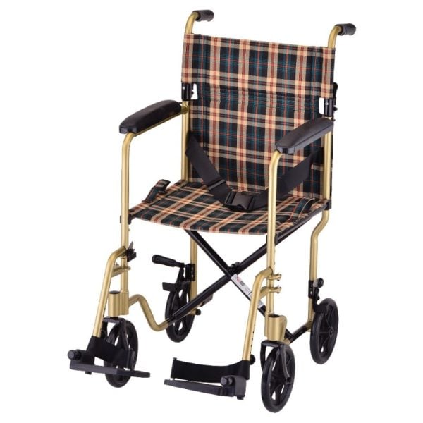 Transport Chair With Plaid Upholstery in Champagne, 19"