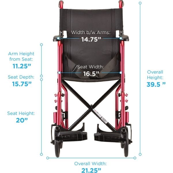 17 inch Transport Chair with Fixed Arms, Red - Image 3