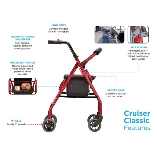 Cruiser Classic Rolling Walker, Red - Image 3