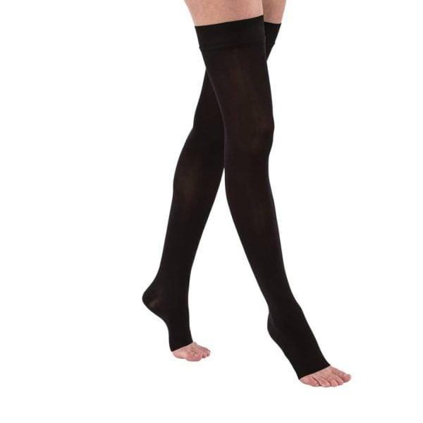 Opaque Open Toe Thigh High, 15-20 mmHg Compression Stockings, Classic Black