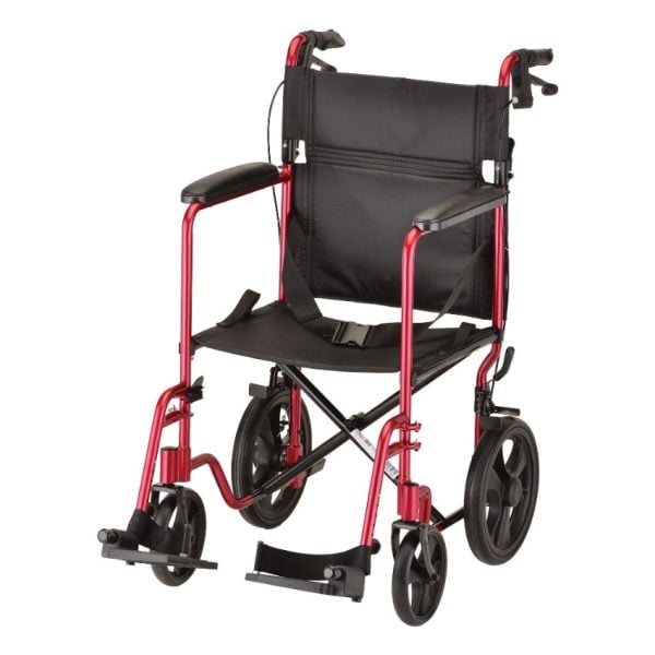 Lightweight Transport Chair with Hand Brakes - 19" with Swing Away Footrests - Red