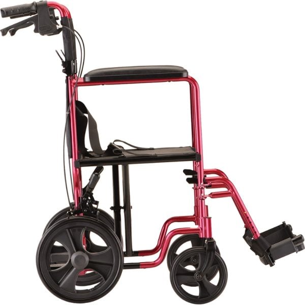 Lightweight Transport Chair with Hand Brakes - 19" with Swing Away Footrests - Red - Image 2